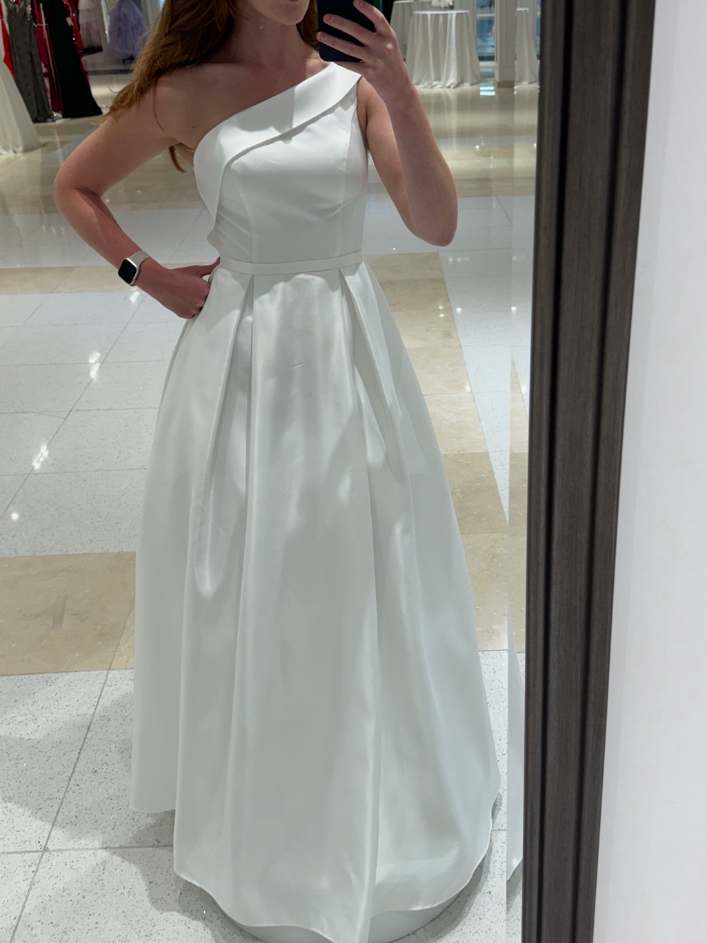 One-Shoulder White Satin Bridal Or Evening Gown